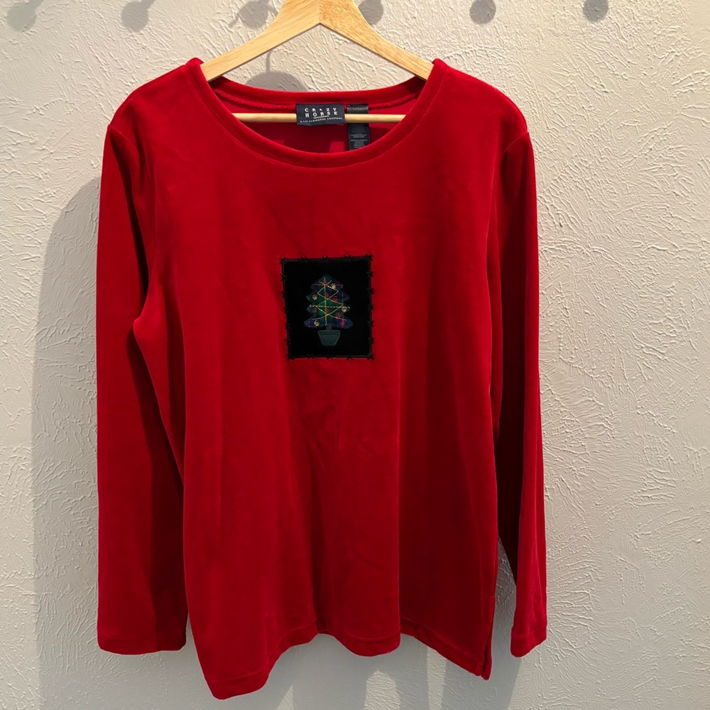 Vintage Crazy Horse Red Velour Holiday Brights Christmas Top Women’s Size Large